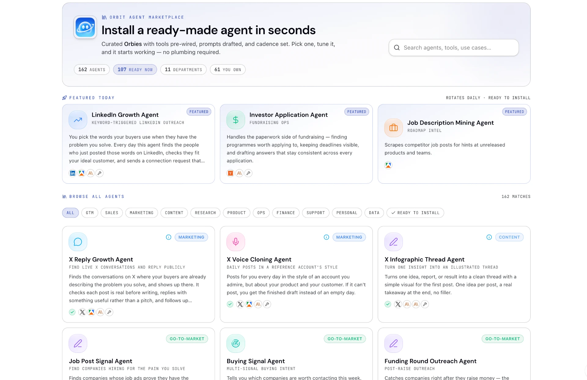 Orbit Agent Marketplace: install ready-made agents with tools already wired in