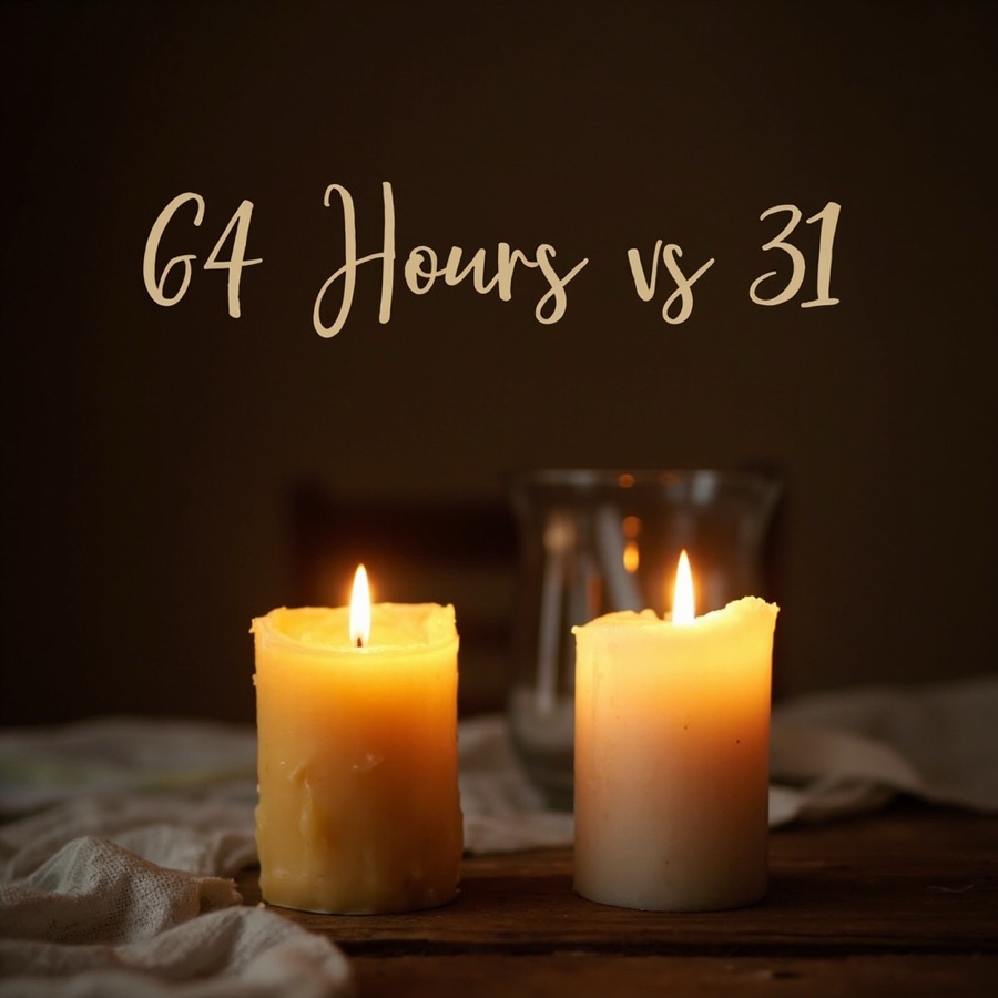 Instagram number card: a beeswax and a paraffin candle, headline 64 Hours vs 31