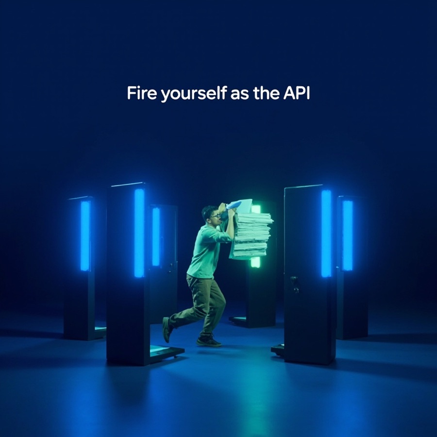 Instagram post: a person carrying papers between four glowing screens, headline Fire yourself as the API