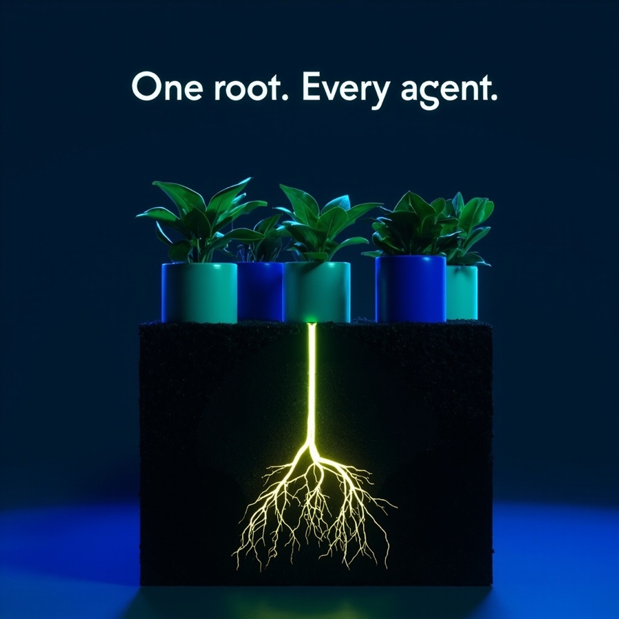 LinkedIn image: four plants sharing one glowing root, headline One root. Every agent.
